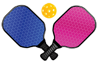 2 crossed pickleball rackets and a ball